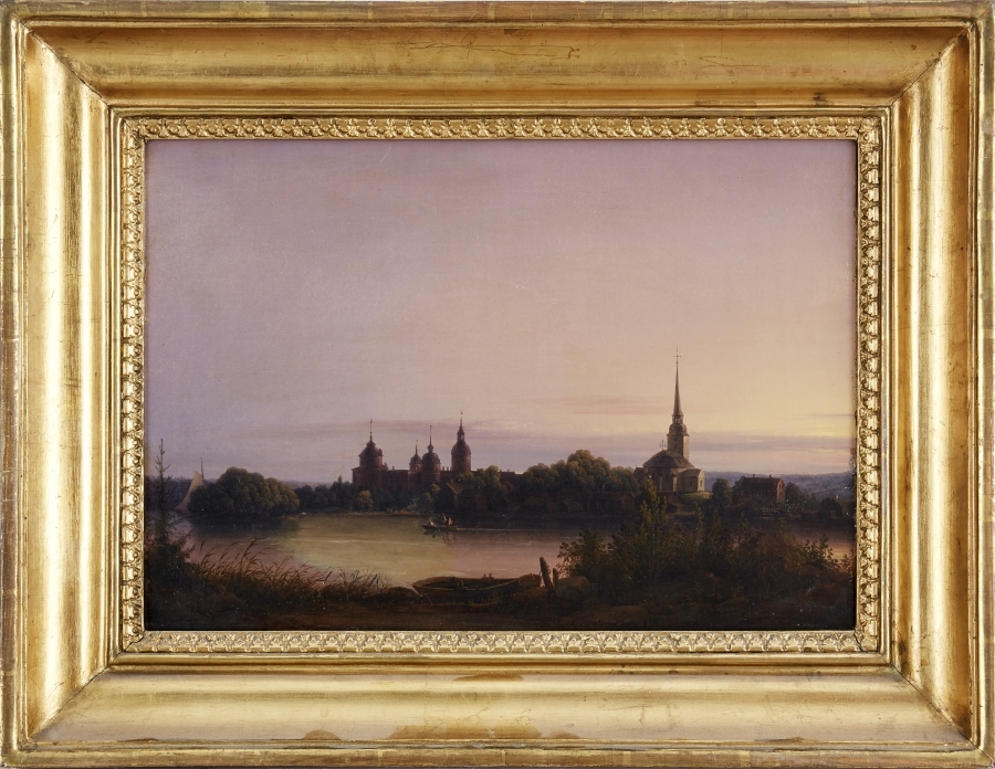 Artwork by Joseph Magnus Stäck, Vy över Gripsholms slott och Mariefreds kyrka, Made of Oil on canvas