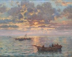 Coucher de soleil sur les barques de pêche - Charles Louis Signoret