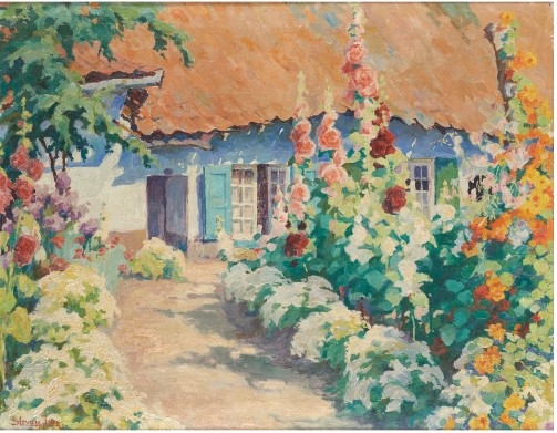 Artwork by Jean Stevan, Jardin fleuri devant la fermette, Made of Oil on canvas