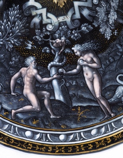 Artwork by Jean Court, FOOTED CUP AND COVER, Made of With a gilt-bronze pierced globe finial; cover and bowl painted with the story of Adam and Eve and their explusion from the garden of Eden, after Lucas van Leyden, the centre of the bowl with Cain and Abel; the lid inscribed 'I.C.D.V.'; the domed foot with a coat of arms of Pierre Scarron (1536-1607) seigneur de Saint-Trys, conseiller and maitre d’hôtel to Catherine de Médici and Henri IV, flanked by the initials PS