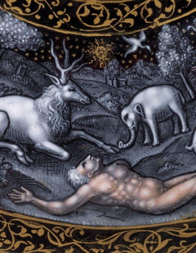 Artwork by Jean Court, FOOTED CUP AND COVER, Made of With a gilt-bronze pierced globe finial; cover and bowl painted with the story of Adam and Eve and their explusion from the garden of Eden, after Lucas van Leyden, the centre of the bowl with Cain and Abel; the lid inscribed 'I.C.D.V.'; the domed foot with a coat of arms of Pierre Scarron (1536-1607) seigneur de Saint-Trys, conseiller and maitre d’hôtel to Catherine de Médici and Henri IV, flanked by the initials PS