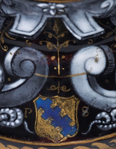 Artwork by Jean Court, FOOTED CUP AND COVER, Made of With a gilt-bronze pierced globe finial; cover and bowl painted with the story of Adam and Eve and their explusion from the garden of Eden, after Lucas van Leyden, the centre of the bowl with Cain and Abel; the lid inscribed 'I.C.D.V.'; the domed foot with a coat of arms of Pierre Scarron (1536-1607) seigneur de Saint-Trys, conseiller and maitre d’hôtel to Catherine de Médici and Henri IV, flanked by the initials PS