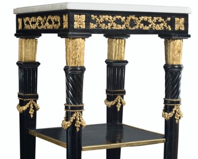 Artwork by Bernard Molitor, A PAIR OF LATE LOUIS XVI ORMOLU-MOUNTED EBONY AND EBONIZED ETAGERES, Made of white marble