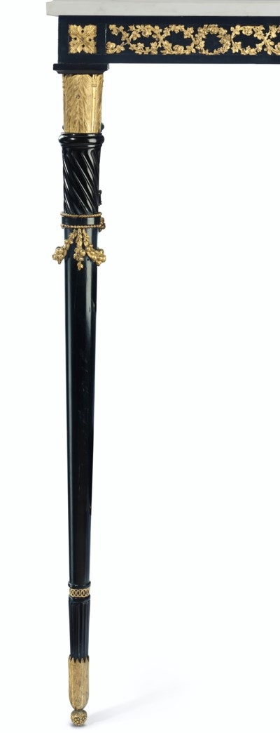 Artwork by Bernard Molitor, A PAIR OF LATE LOUIS XVI ORMOLU-MOUNTED EBONY AND EBONIZED ETAGERES, Made of white marble