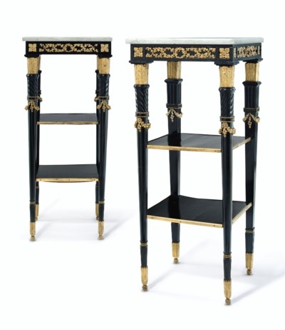 Artwork by Bernard Molitor, A PAIR OF LATE LOUIS XVI ORMOLU-MOUNTED EBONY AND EBONIZED ETAGERES, Made of white marble