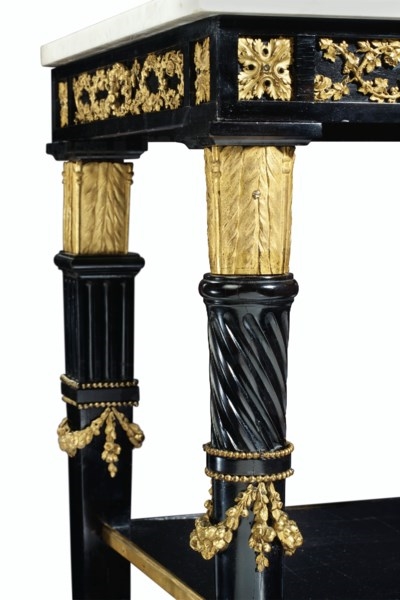 Artwork by Bernard Molitor, A PAIR OF LATE LOUIS XVI ORMOLU-MOUNTED EBONY AND EBONIZED ETAGERES, Made of white marble