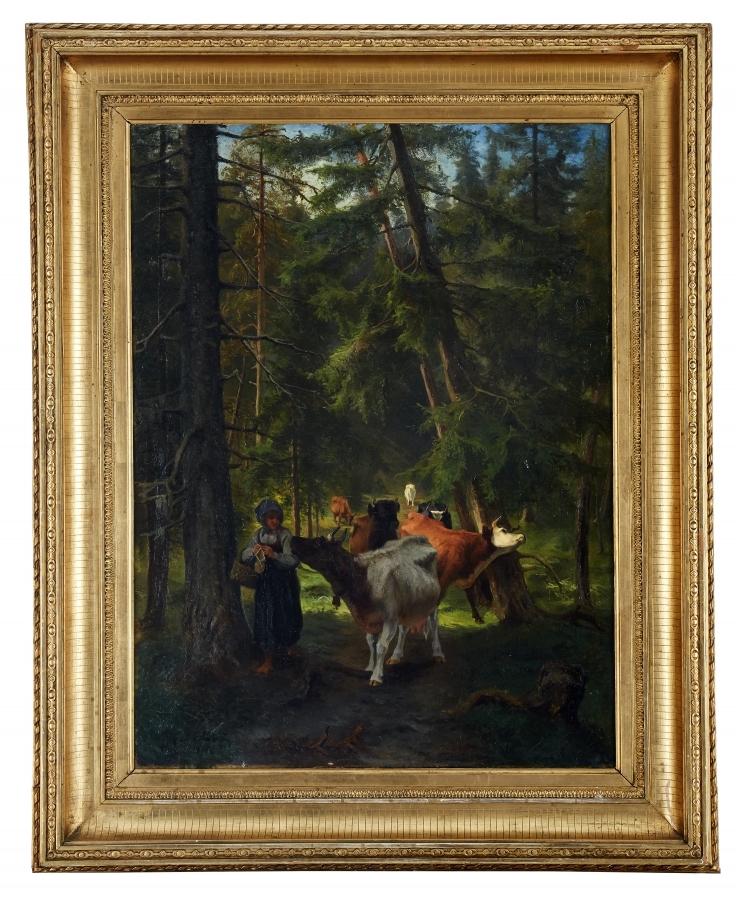 Artwork by Gustav Ericson Fischer, Vallflicka med kor i skogslandskap, Made of Oil on Canvas