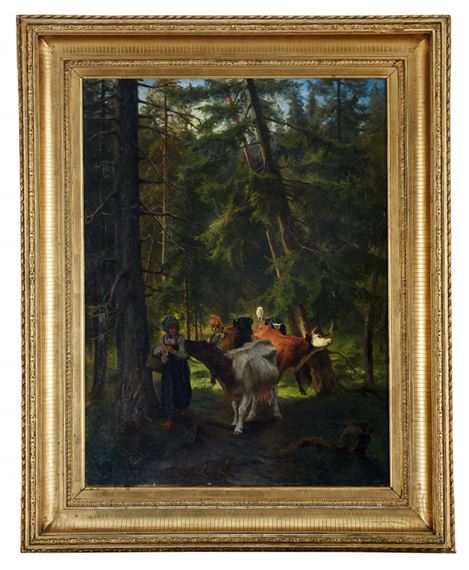 Vallflicka med kor i skogslandskap by Gustav Ericson Fischer, 1871