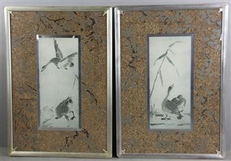 2 Works; Reeds and Geese in Flight;Reeds and Geese at Rest - Tesshu Tokusai