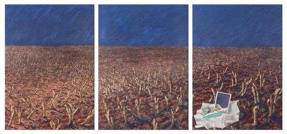 A triptych of a barren field under a dark blue sky, with a laptop and cloth appearing in the final panel.