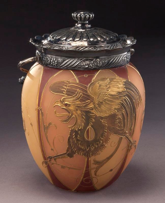 Artwork by Mount Washington Glass, Mt. Washington Royal Flemish cracker jar, Made of Glass