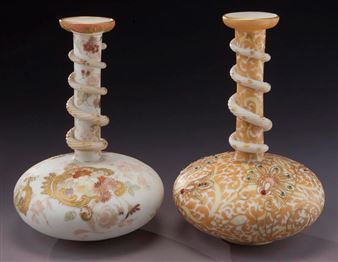 (2) Mt. Washington Crown Milano bulbous stick vases - Mount Washington Glass