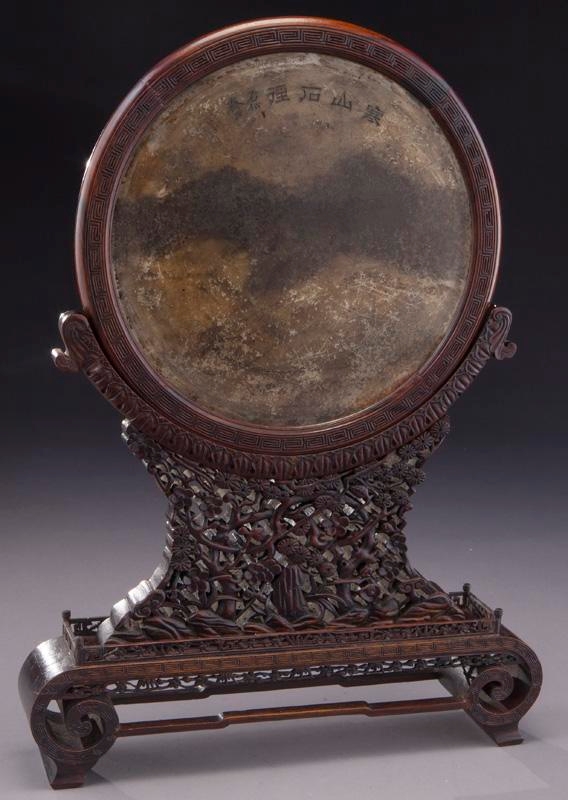 Artwork by Shi Xian, Chinese Qing marble inlaid rosewood table screen