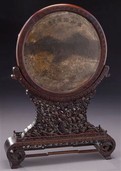 Chinese Qing marble inlaid rosewood table screen - Shi Xian