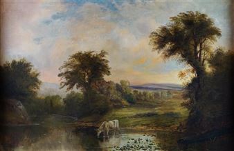 LANDSCAPE WITH COW AND BOY FISHING - S.P Duke