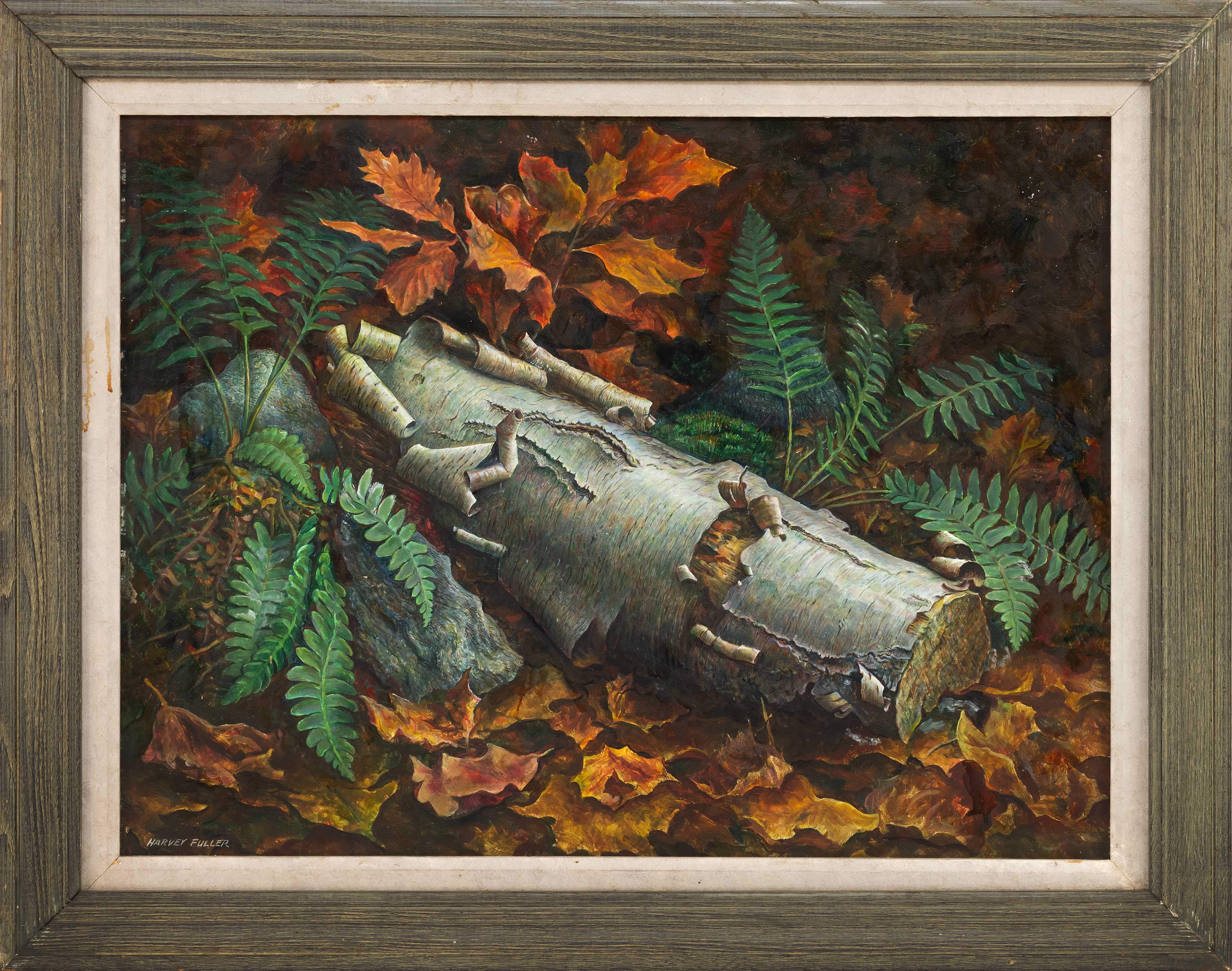 Artwork by Harvey K. Fuller, Birch log in forest. Signed lower left Harvey Fuller"., Made of Oil on masonite