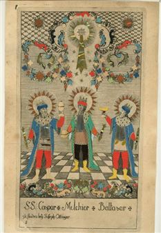 6 estampes gravées en taille douce sur papier vergé: " SS. Caspar - Melchior - Baltasar "; " S. Rochus - S. Roch "; " Mère aimable - Mater Amabilis "; " Schmerzvolle Mütter in herzogspittal in München "; " Mère du Sauveur - Herzogspittal in Strasburg "; " Mère Doloreut - Matter Dollorosa " - Joseph Ottinger