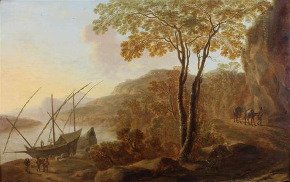 "Südliche Flusslandschaft mit anlandenden Schiffen", by Willem de Heusch