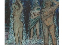 Artwork by Florence Miailhe, Women taking a shower, Made of oil and pastel on canvas