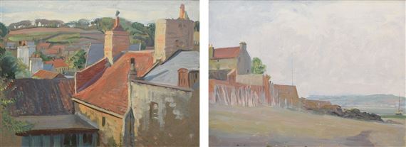 2 Works: Rooftops, St. Aubin Jersey; Jersey Beach Scene by John Bulloch Souter