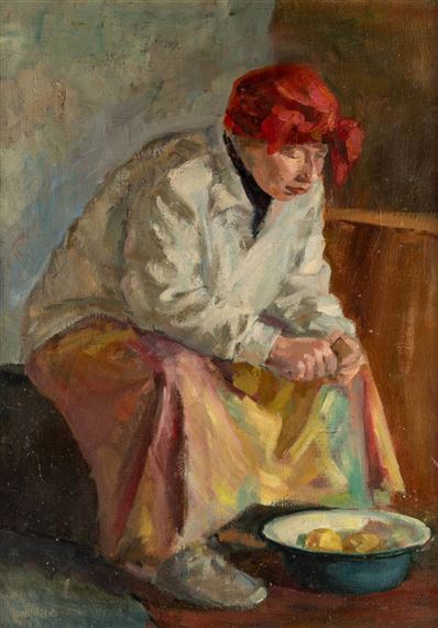 Woman in Red Headscarf by Leonid Mihailovich Stil