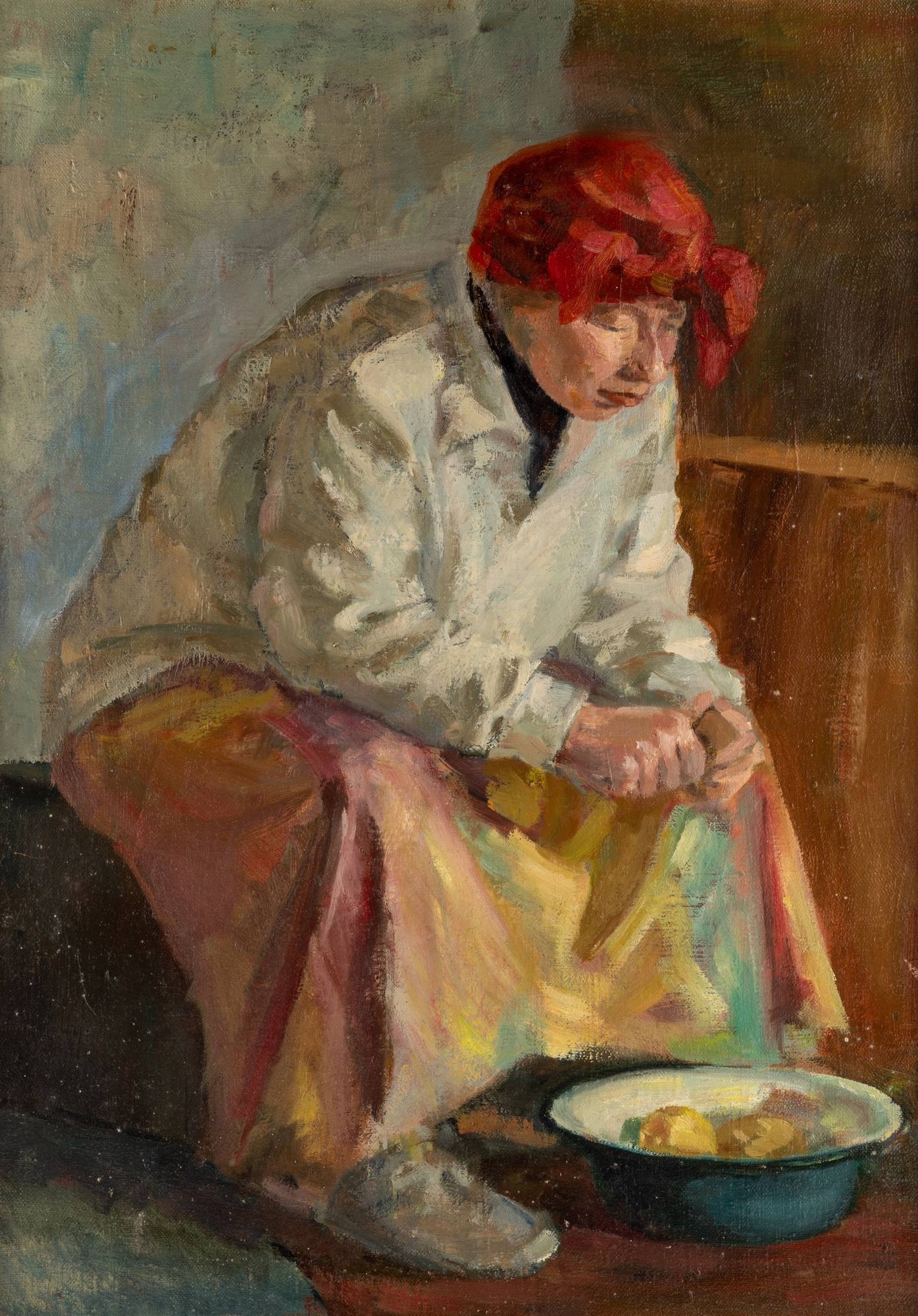 Artwork by Leonid Mihailovich Stil, Woman in Red Headscarf, Made of oil on canvas
