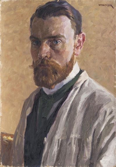A formal portrait of a bearded man in a white coat against a warm, textured background.