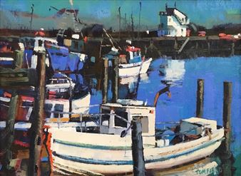 A vibrant harbor scene featuring docked fishing boats under a moody sky.