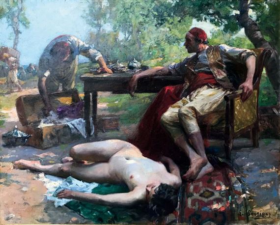 Jeune femme captive nue et brigands près d’un butin by Paul-Émile Boutigny