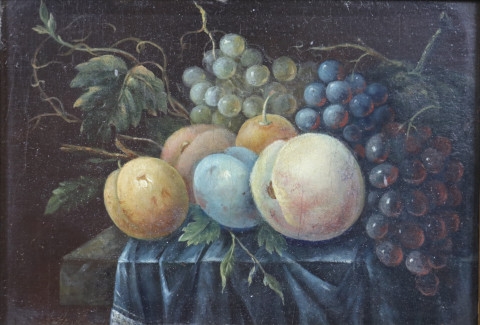 Artwork by Adrianus Apol, Stilleven met druiven, pruimen en perzik, Made of Oil paint on panel