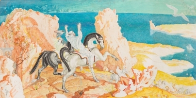 Artwork by Stanislaw Szukalski, “Showing the Way”. Portrait of Saudi Arabia king Chalid with his son Fahd, Made of acrylic on fiberboard