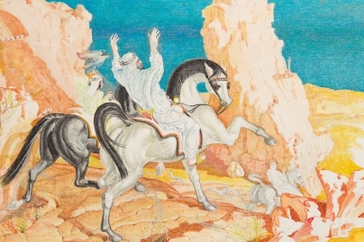 Artwork by Stanislaw Szukalski, “Showing the Way”. Portrait of Saudi Arabia king Chalid with his son Fahd, Made of acrylic on fiberboard