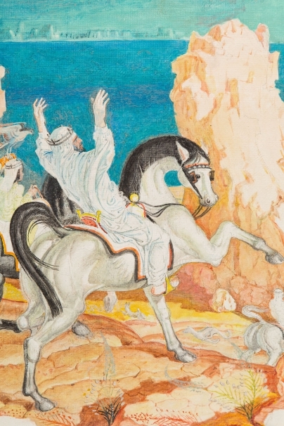 Artwork by Stanislaw Szukalski, “Showing the Way”. Portrait of Saudi Arabia king Chalid with his son Fahd, Made of acrylic on fiberboard