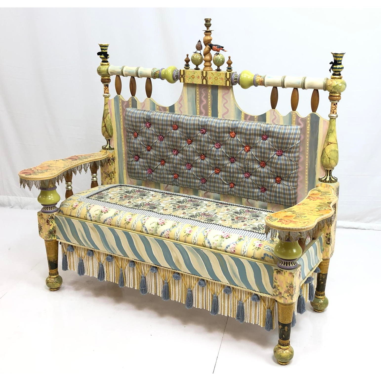 Artwork by Mackenzie Childs, Handmade Painted Settee Couch, Made of rose fabric, carved and painted wood