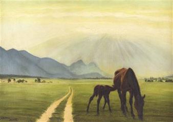 Stute mit Fohlen im Jauntal - Grete Kmentt-Montandon