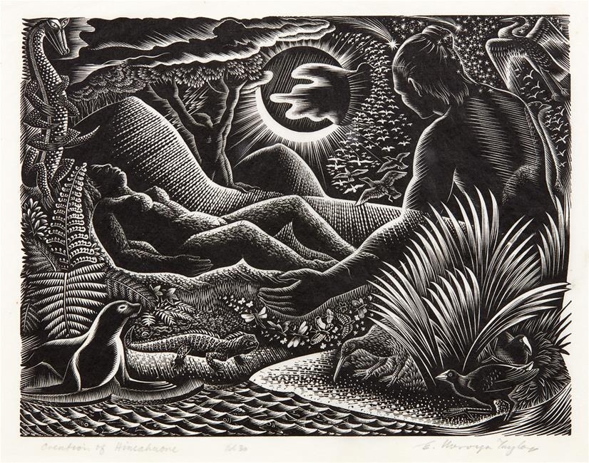 Artwork by E. Mervyn Taylor, CREATION OF HINEAHUONE, Made of engraving