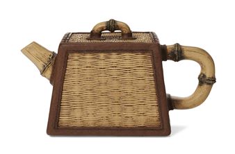A BASKET-FORM YIXING TEAPOT AND COVER, 'WICKER BASKET WITH BAMBOO' - Lu Wenxia