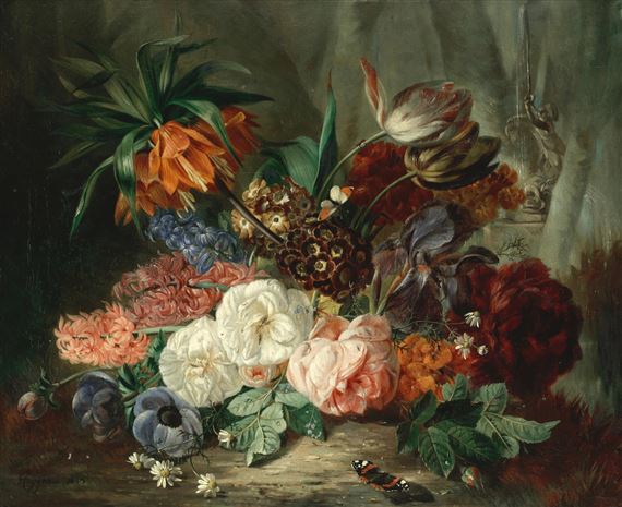 Still lifes of flowers with butterflies; a pair by François Joseph Huygens, 1855