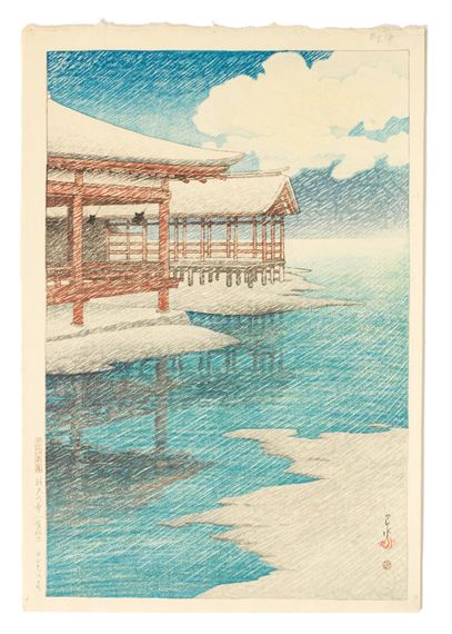 Seiten no yuki Miyajima (Snow on a Bright Day at Miyajima), from the series Tabi miyage dai nishu (Souvenirs of Travel II) by Hasui Kawase, 1921