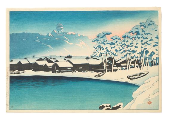Yuki no akebono, Sado Ogi minato (Dawn Snow at the Port of Ogi on Sado Island), from the series Tabi miyage dai nishu (Souvenirs of Travel II)