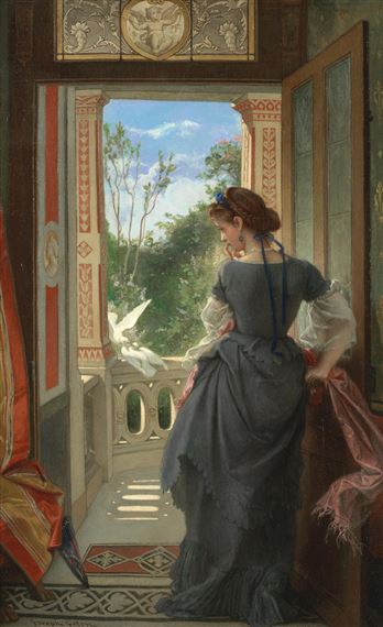 A woman in a blue dress stands at an open doorway, gazing out at a bright garden scene.