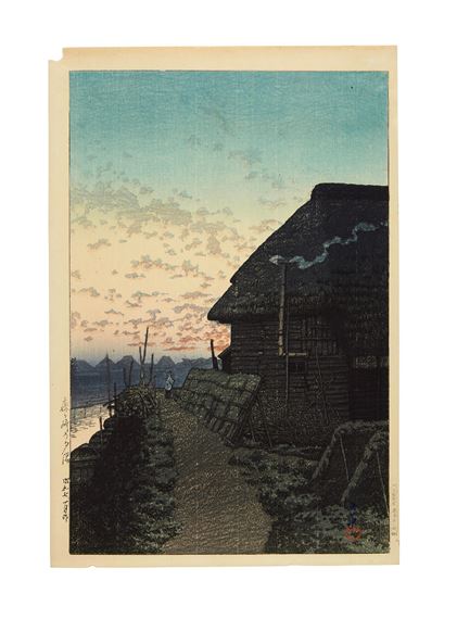 Morigaseki no sekiyu (Sunset at Morigaseki);  Soshu Maekawa no ame (Rain at Maekawa in Sagami Province), from the series Tokaido fukei senshu (Selected Views of the Tokaido Road)