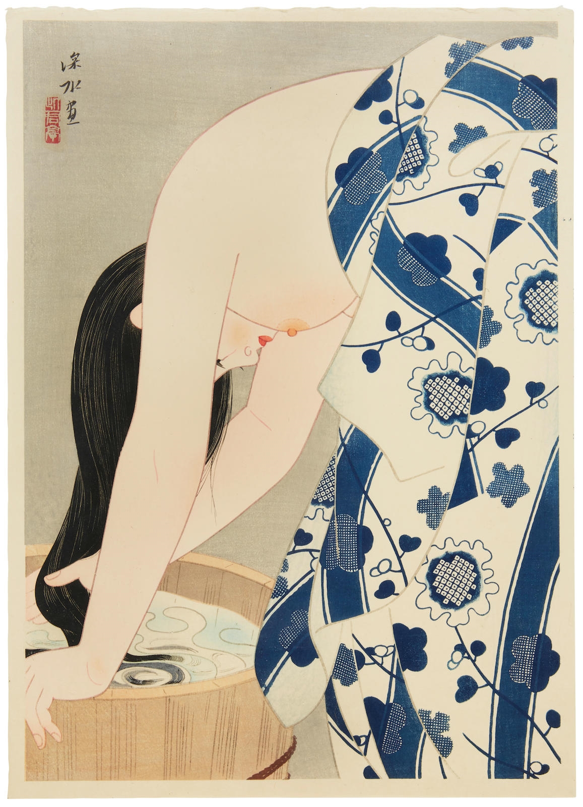 Artwork by Shinsui Ito, Kami (Washing the Hair), Made of woodblock print.