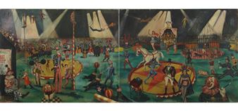 Large Diptych Painting of a 3 Ring Circus - Chanin and Zelenko