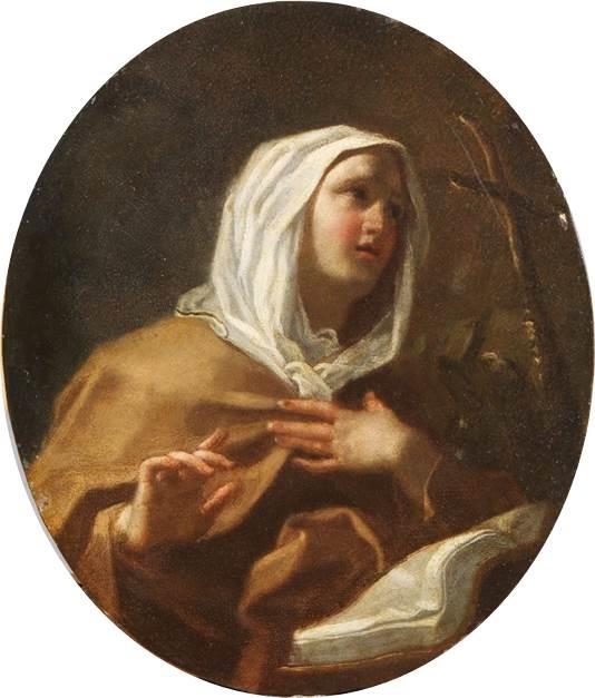 Artwork by Roman School, 17th Century, SANTA CATERINA IN ADORAZIONE DEL CROCIFISSO, Made of oil on copper
