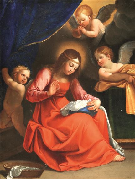 LA VERGINE CHE CUCE CON TRE ANGELI by Bolognese School, 17th Century, 17th century