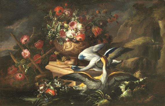 A PAIR: NATURE MORTE CON COMPOSIZIONI FLOREALI, VOLATILI, ANATRA E CIGNO by Nicola Casissa