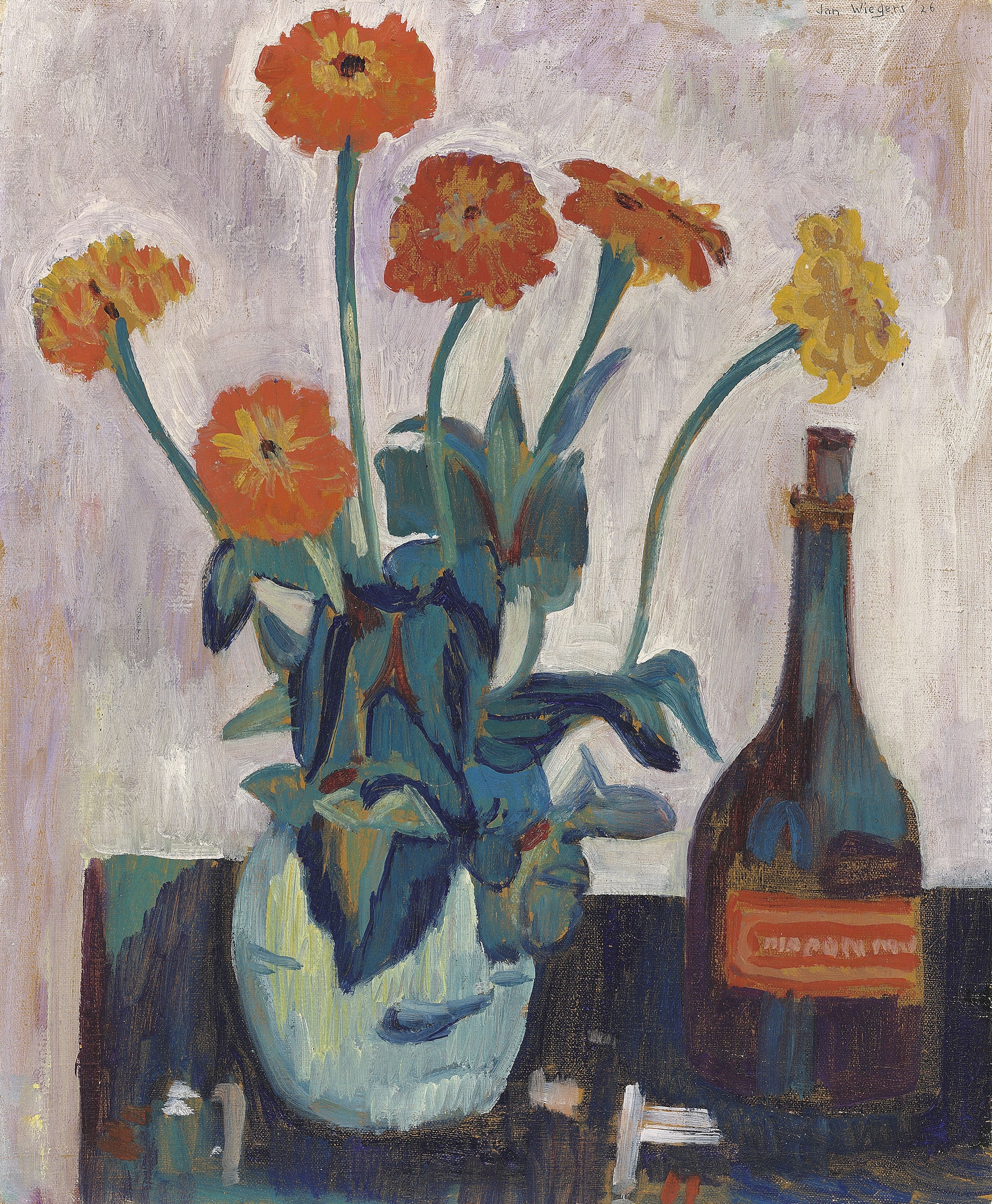 Still life with vase of zinnias and a bottle by Jan Wiegers, 1926