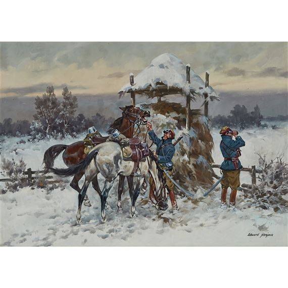 Polish Winter Patrol (Two Polish Officers and Their Horses in Snow) by Edward Mesjasz