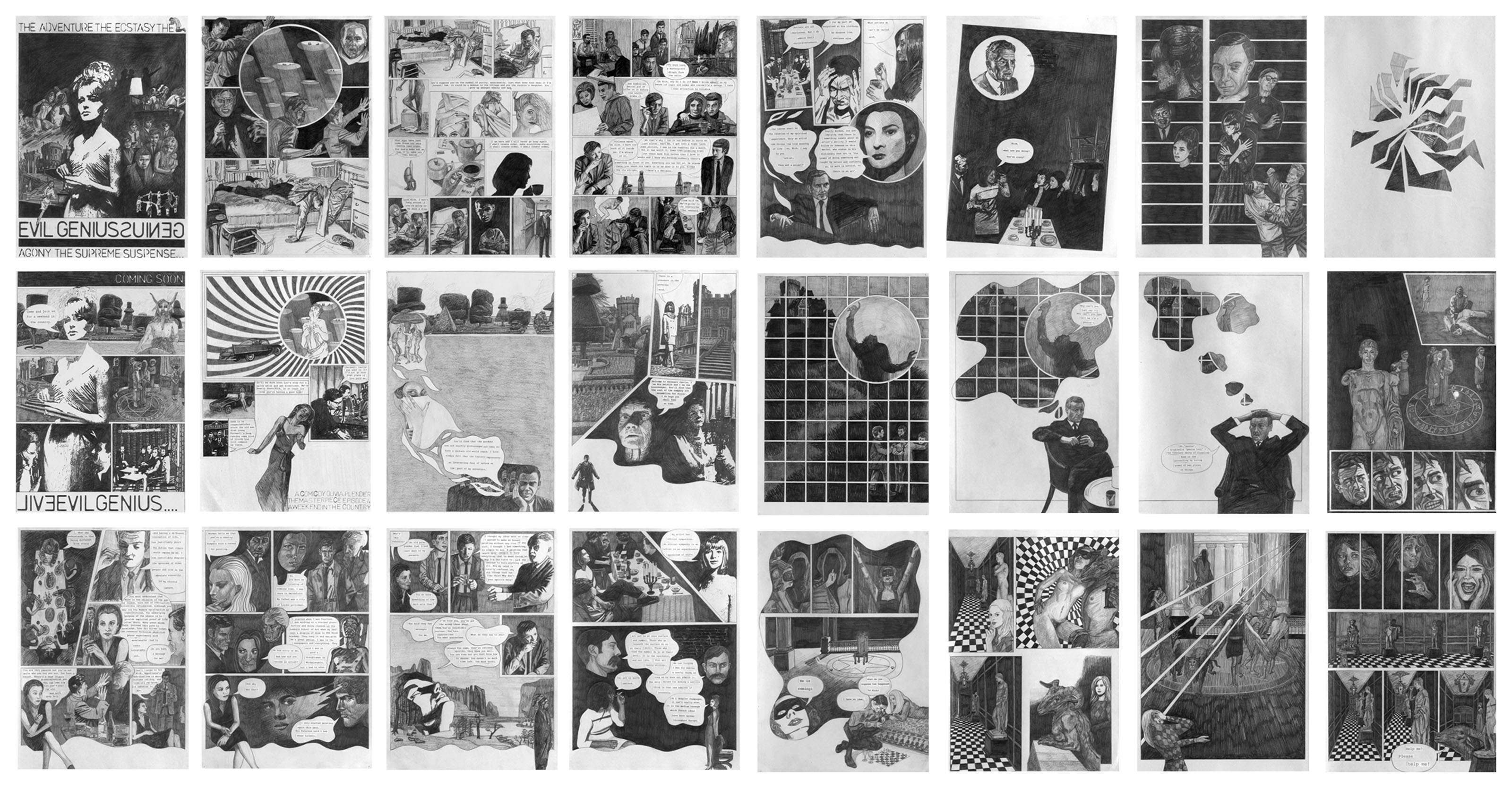 Artwork by Olivia Plender, The Masterpiece Part 4 - A Weekend in The Country, Made of graphite and printed paper collage on paper, in twenty-four parts